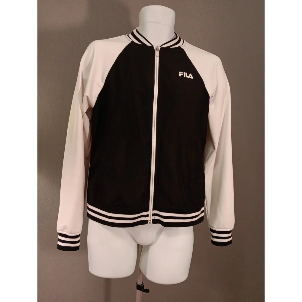 FILA WINDBREAKER Varsity Bomber Sukajan JACKET White &‎ Black Women's Size Small